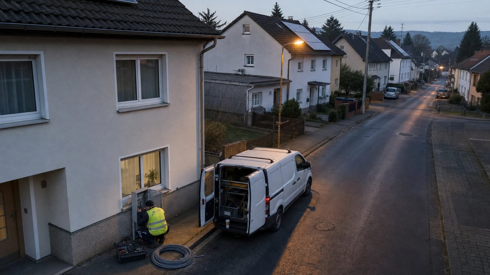 Technician at an open meter cabinet on a house wall in a quiet residential street at dawn, a symbol of the smart meter installation