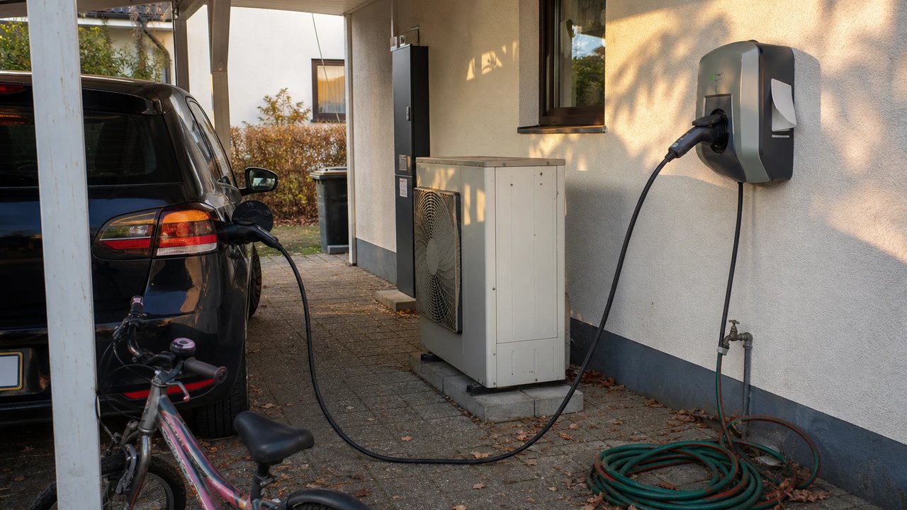 Wallbox on a house wall charging an electric car, next to a heat pump and a meter cabinet, the typical controllable loads under section 14a