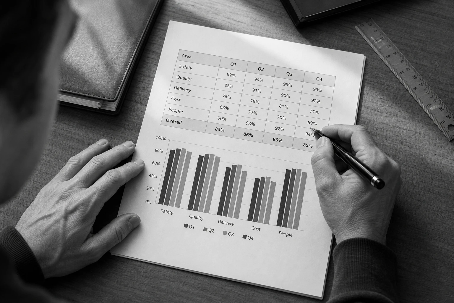Overhead view of a printed quarterly report with a percentage table and a bar chart, a hand marking a row, black and white