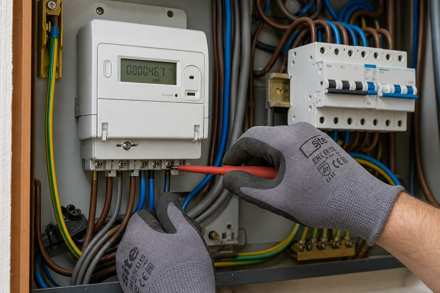 Gloved hands wiring a new smart meter into a meter cabinet with breakers
