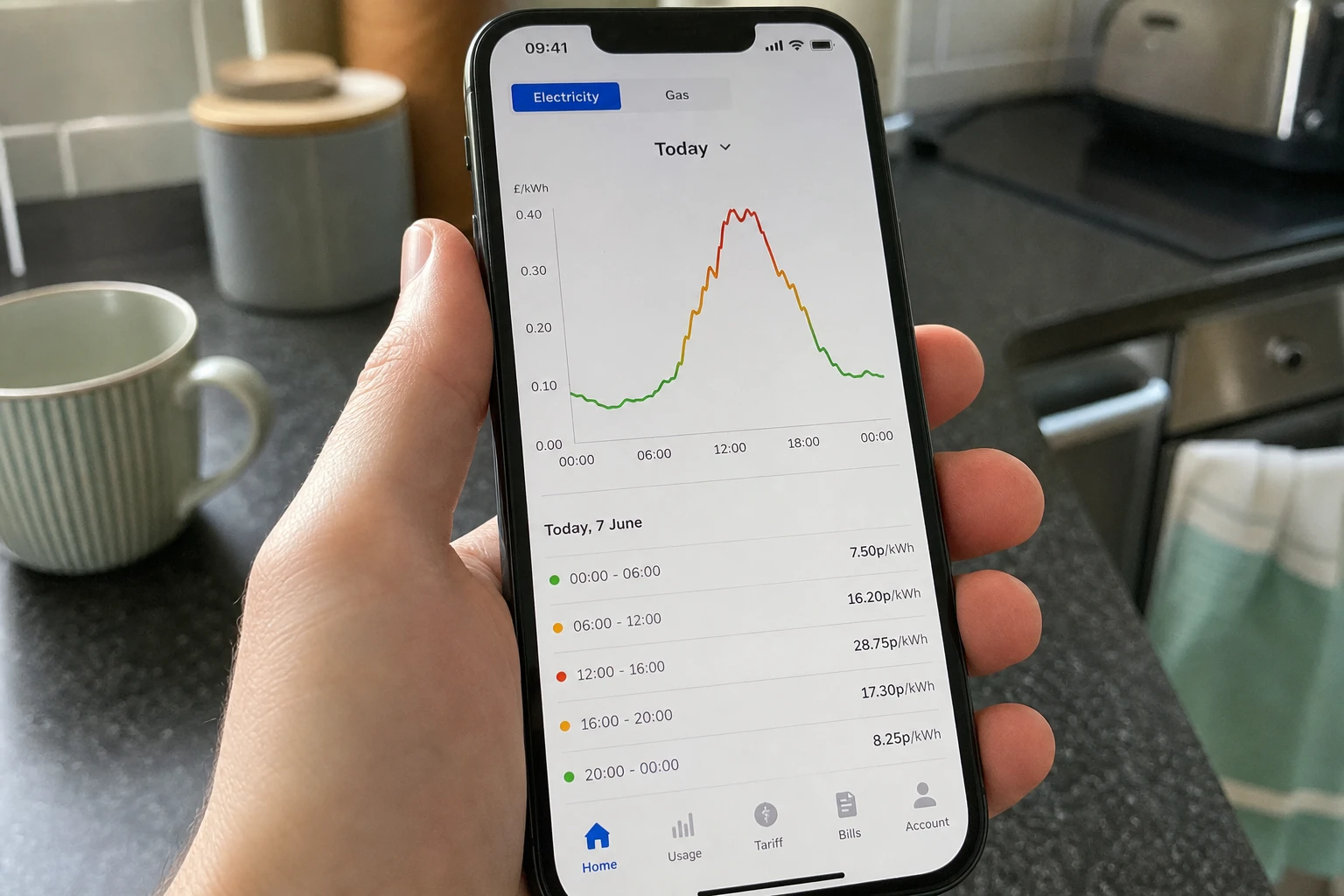 Smartphone showing a dynamic electricity tariff curve with hourly prices over the day