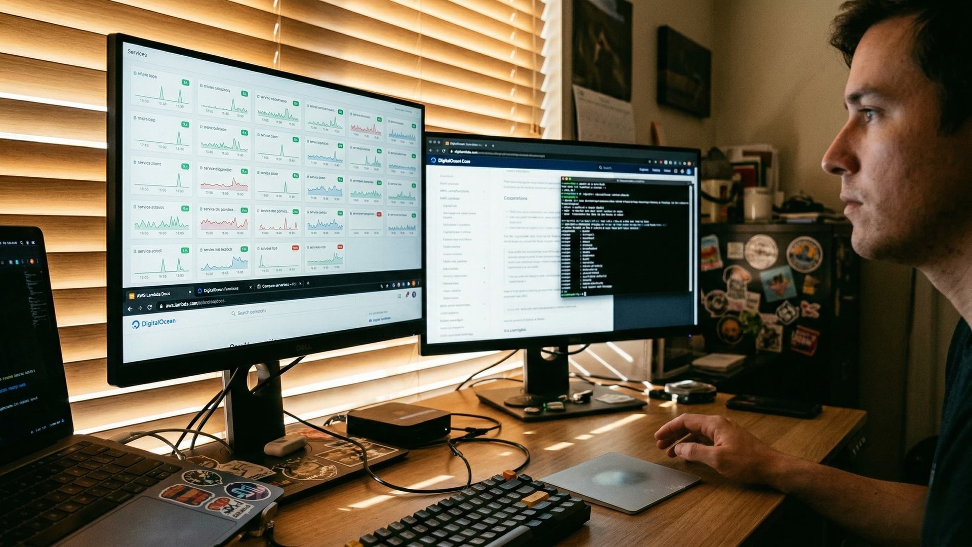Developer working at dual monitors with dashboards and code - representing open-source AI agent development