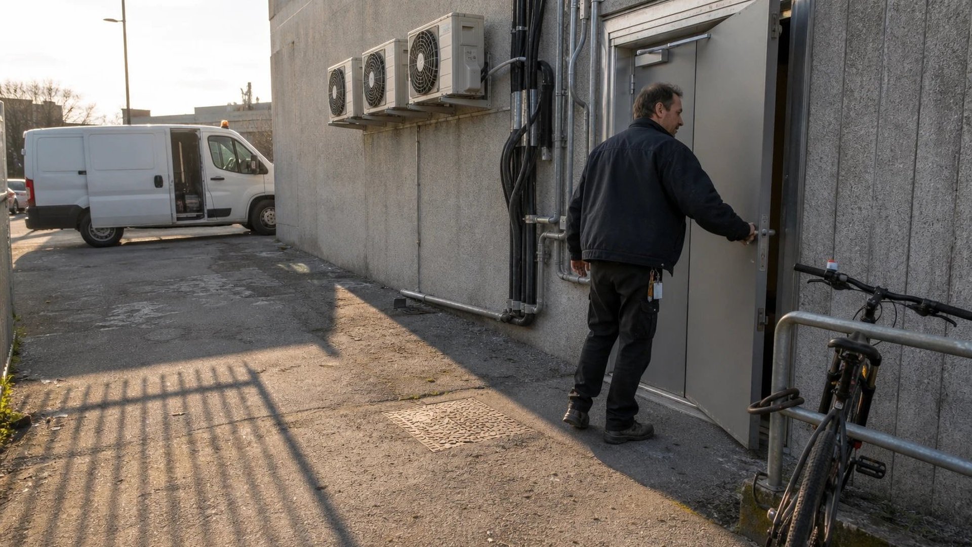 Technician opening the steel door of a municipal utility plant room, cooling units mounted on the concrete wall