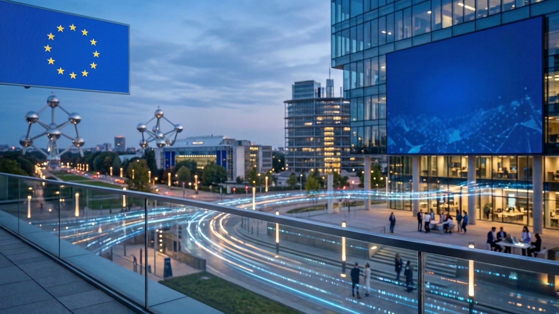European AI infrastructure with EU flag in front of modern data center in Brussels, symbolizing Sovereign AI and digital sovereignty