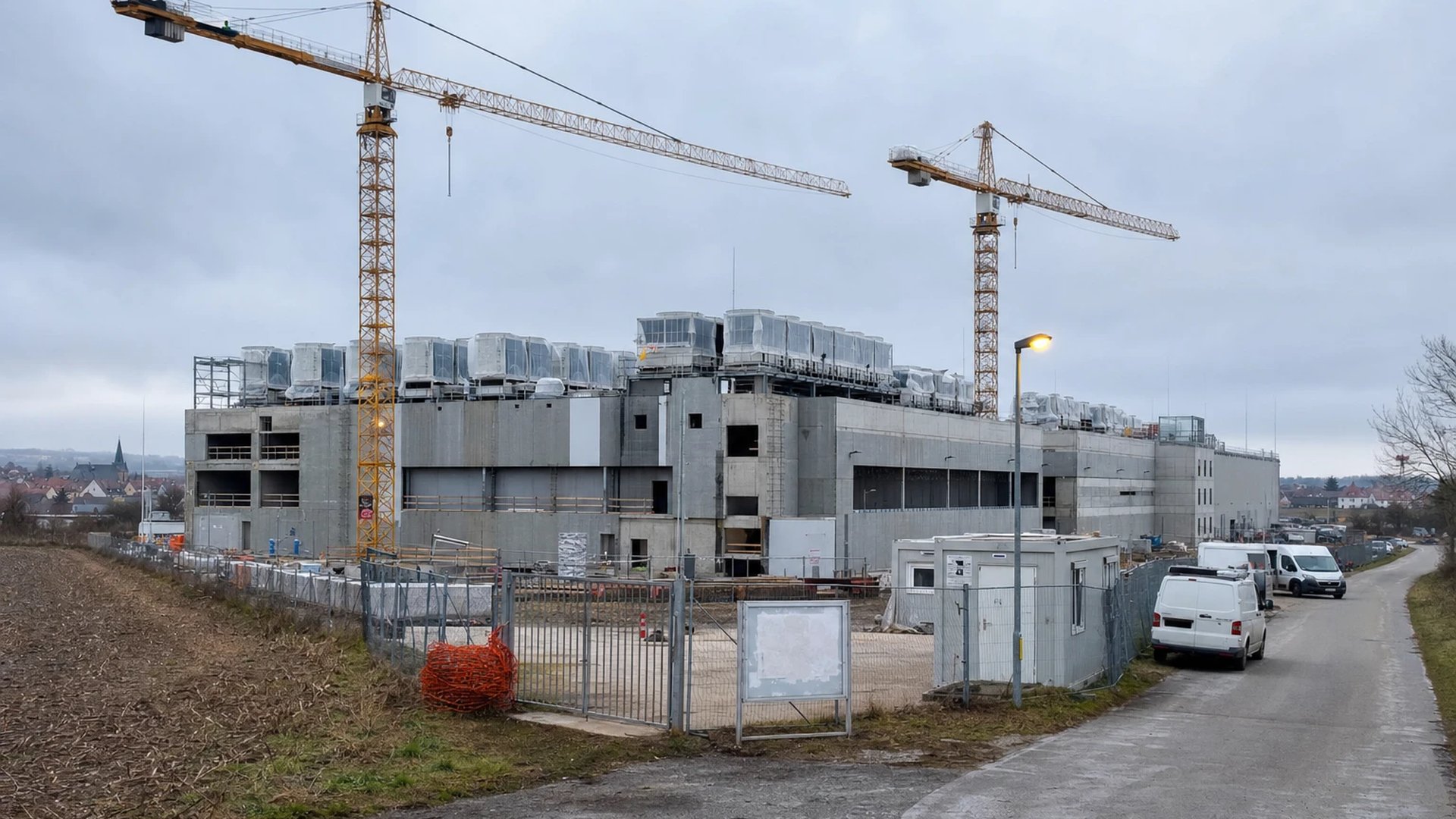 Half-finished data center on the edge of a German town with two construction cranes over grey concrete shells and new rooftop cooling units