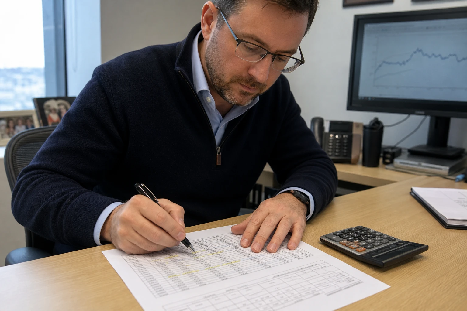 Professional at a desk annotating a printed schedule and declaration table, a pocket calculator beside it