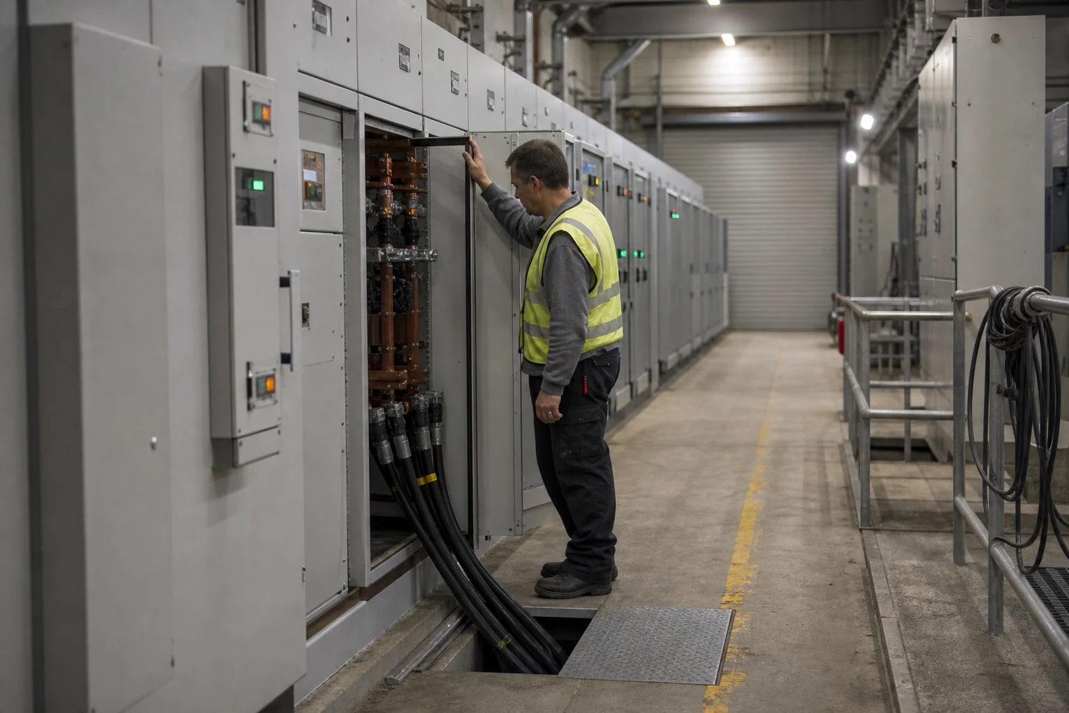 An energy manager in a hi-vis vest stands in the medium-voltage switchgear room of an energy-intensive plant in front of an open cubicle with copper busbars
