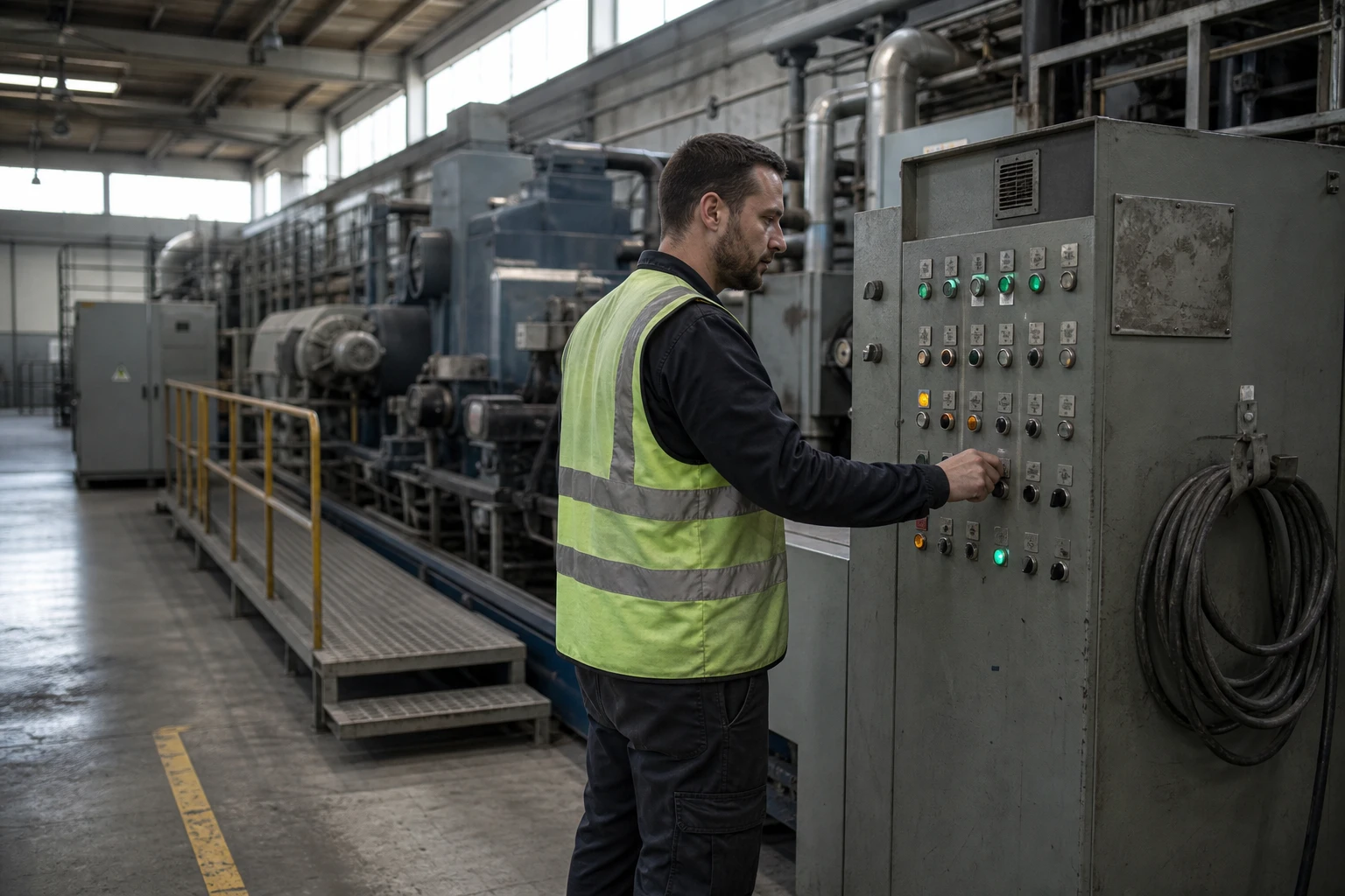A plant operator in a hi-vis vest operates a production line at a large industrial control panel with push-buttons and indicator lights in a factory hall