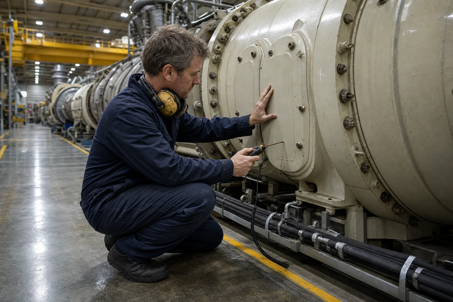 A technician with ear defenders kneels in a power plant hall beside the pale casing of a large gas turbine, checking it with a handheld probe.