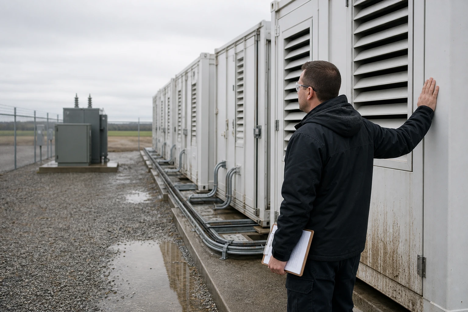 A technician with a clipboard stands at a row of white battery storage containers on a fenced gravel lot, with a transformer and flat field in the background.