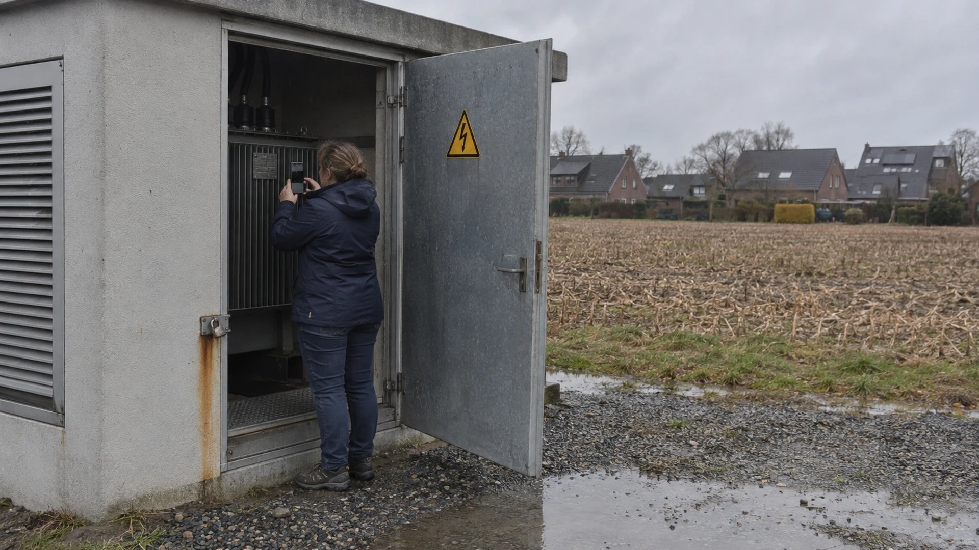 Grid documentation engineer photographing the transformer rating plate inside a local network station at a village edge