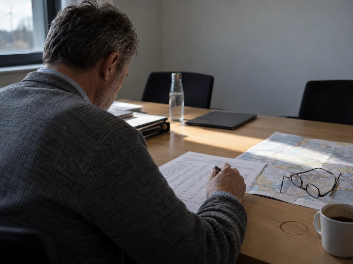 Regulatory manager at a meeting table working through a printed list of figures next to a folded map