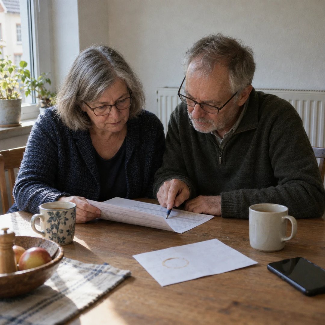 Older couple at a kitchen table going through a printed application form