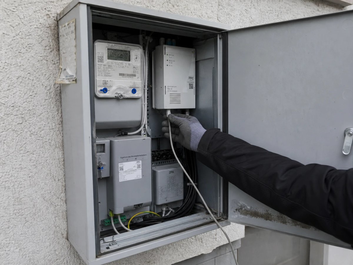 Open grey meter cabinet on a house wall, a hand connecting a data cable to the smart meter gateway