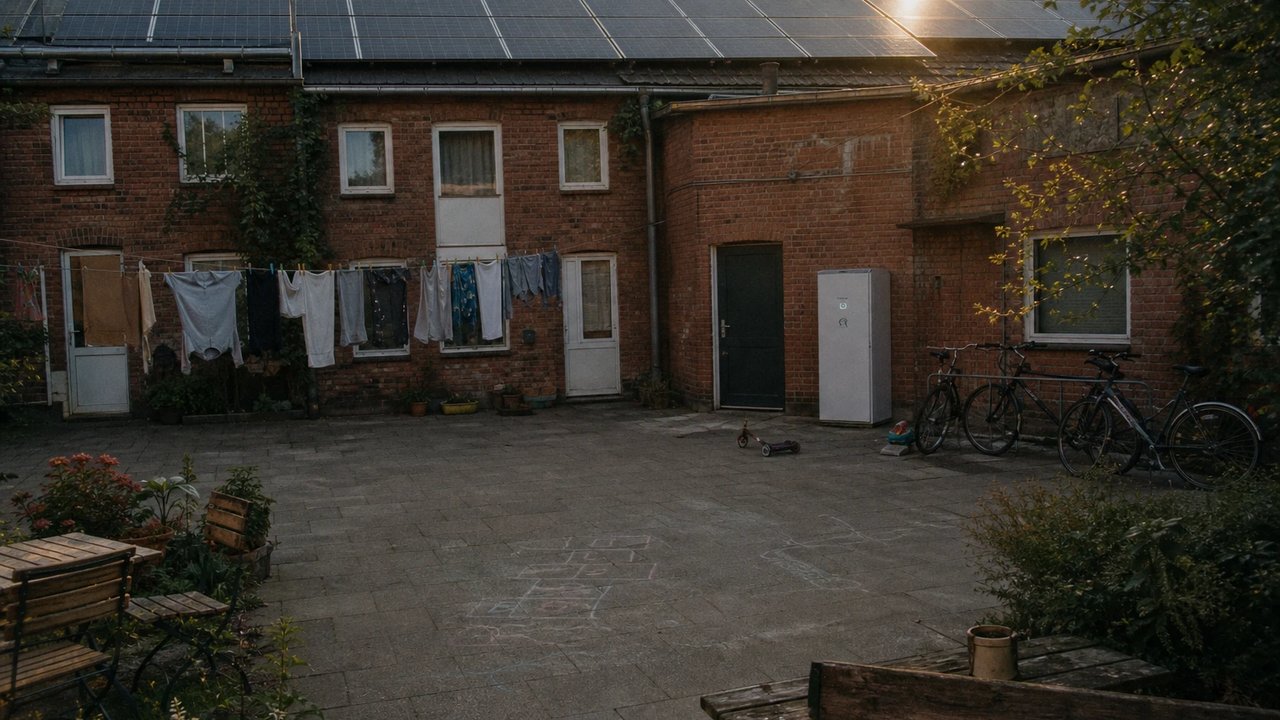 Courtyard of an apartment building with a rooftop solar array and a battery storage unit on the wall, a sign of shared solar power