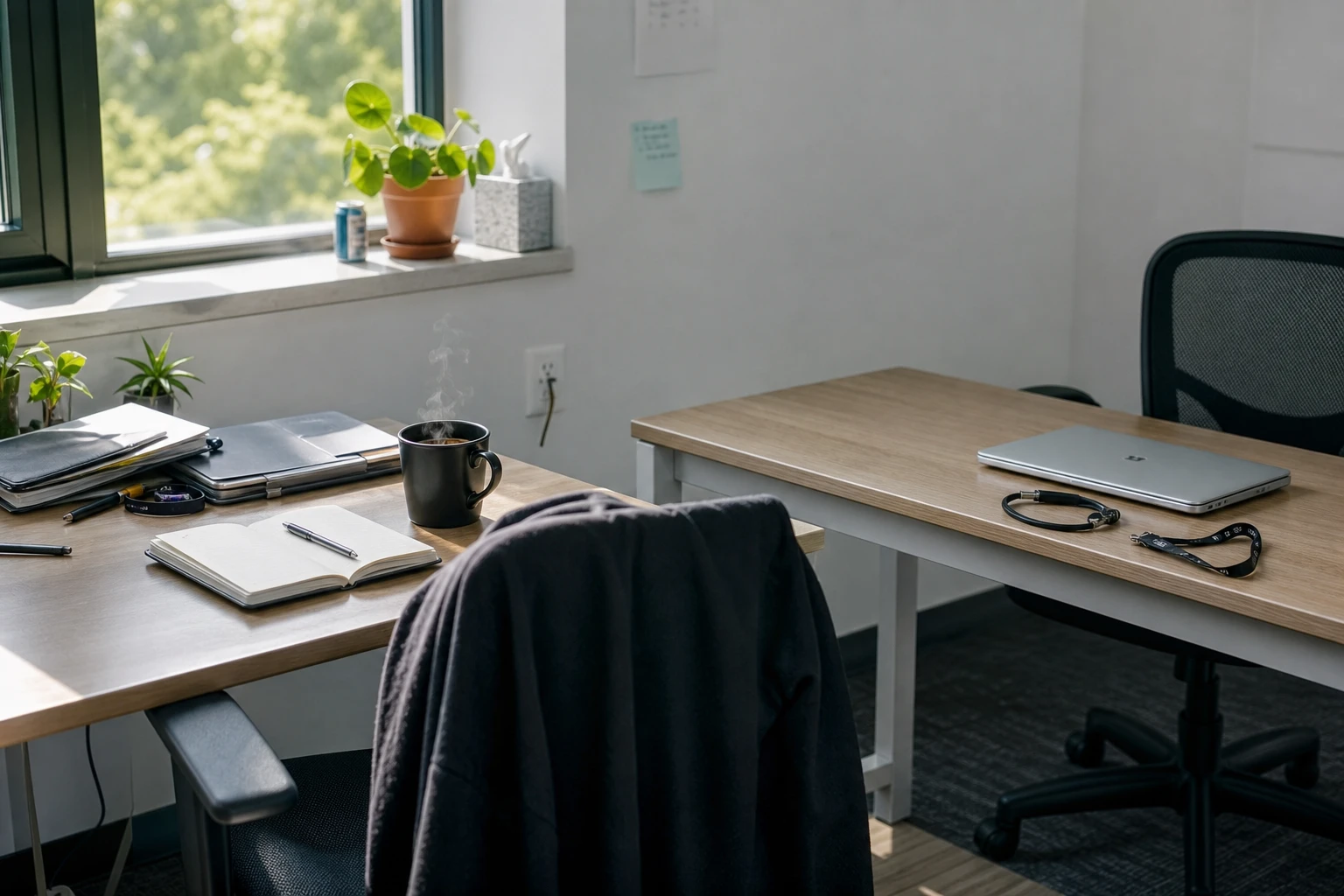 Two desks in a small office, one with a jacket over the chair, the other with a closed laptop, evoking always-on digital colleagues