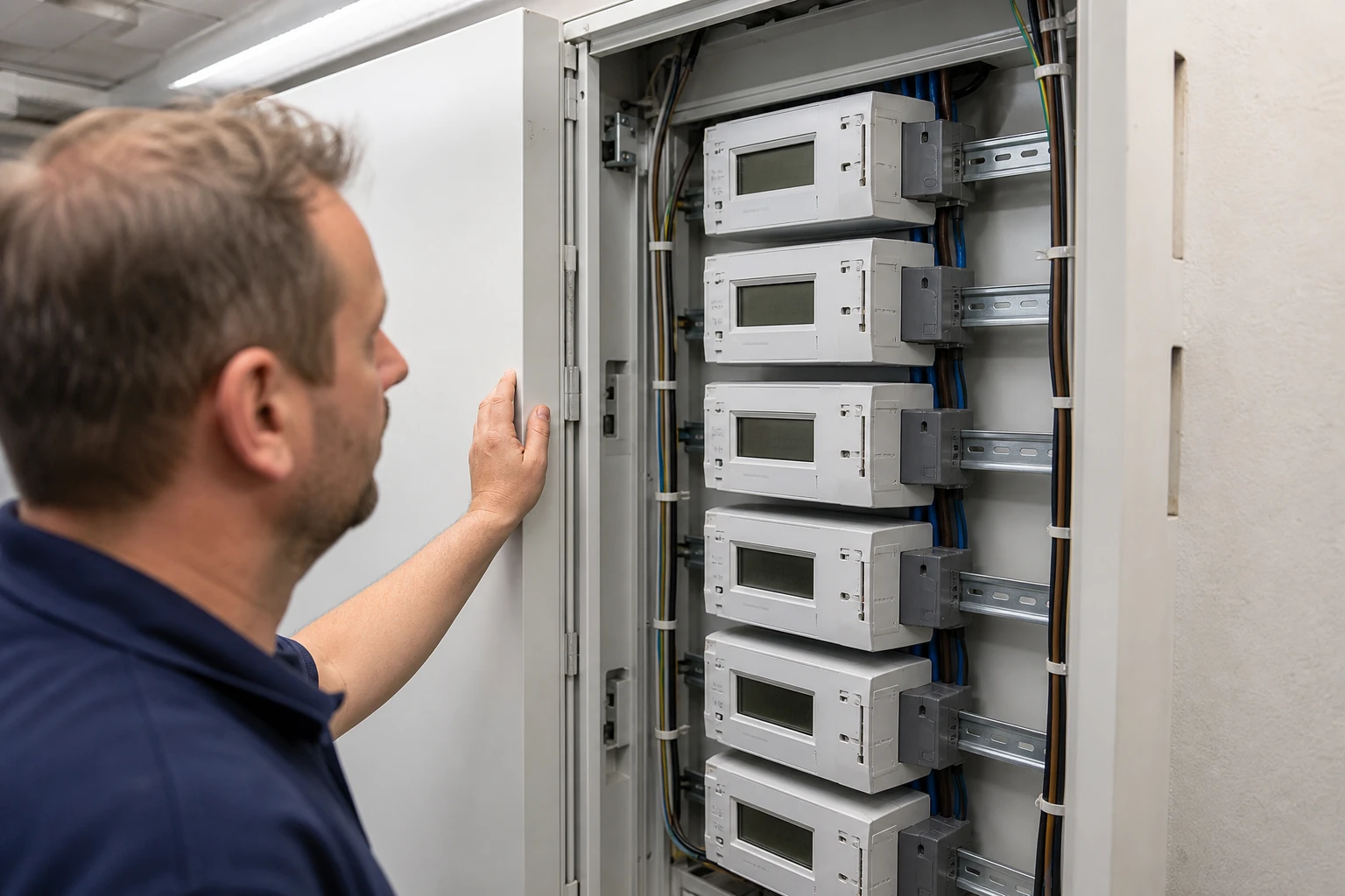 Technician in a navy polo reads a value at an open meter cabinet with a row of digital electricity meters on a DIN rail