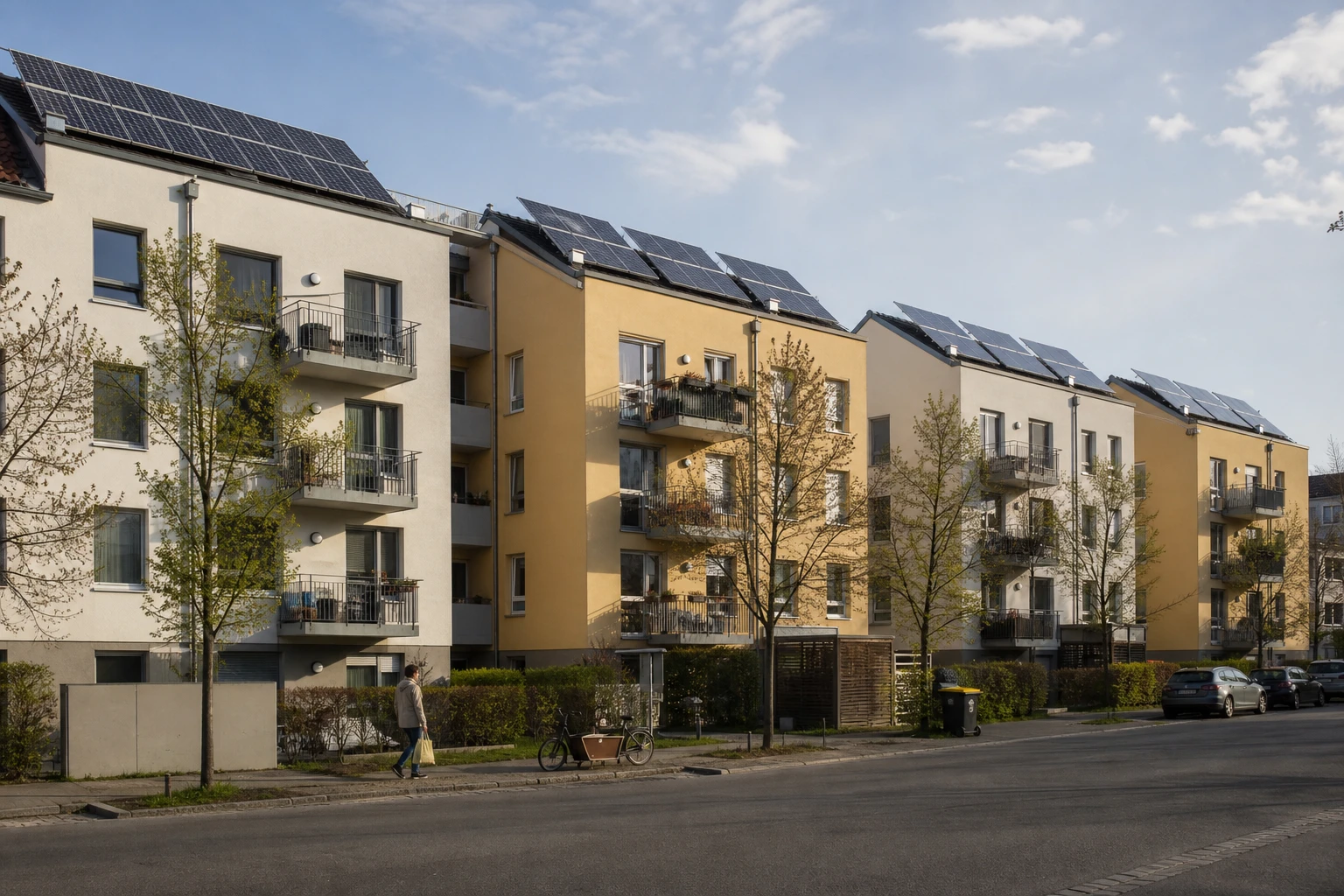 Street with four modern apartment buildings whose flat roofs carry photovoltaic modules, a resident walking past with a shopping bag