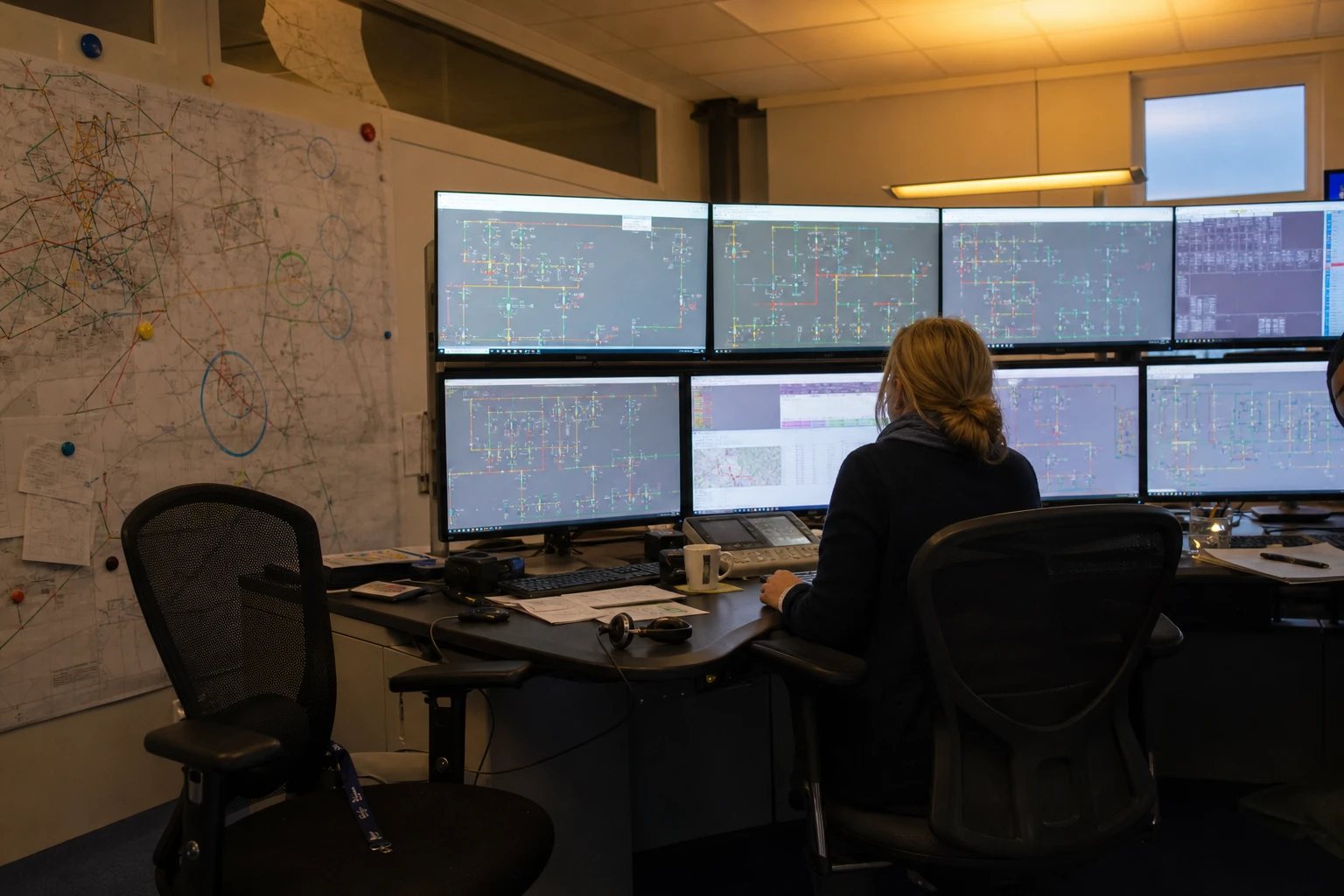Distribution grid control room early in the morning: an operator in front of a monitor wall showing a grid diagram, a wall plan with coloured markers next to it