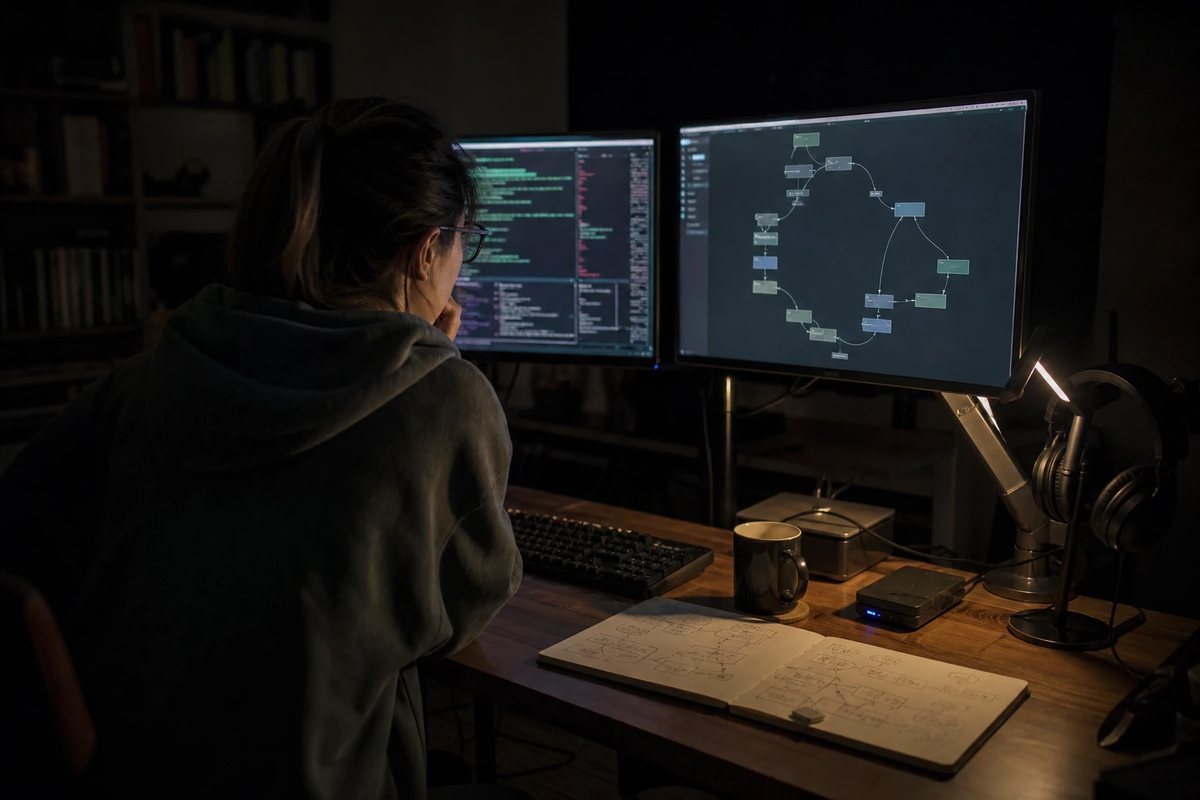 Developer late in the evening in front of two monitors with terminal windows and a flow diagram, notepad with hand-drawn boxes