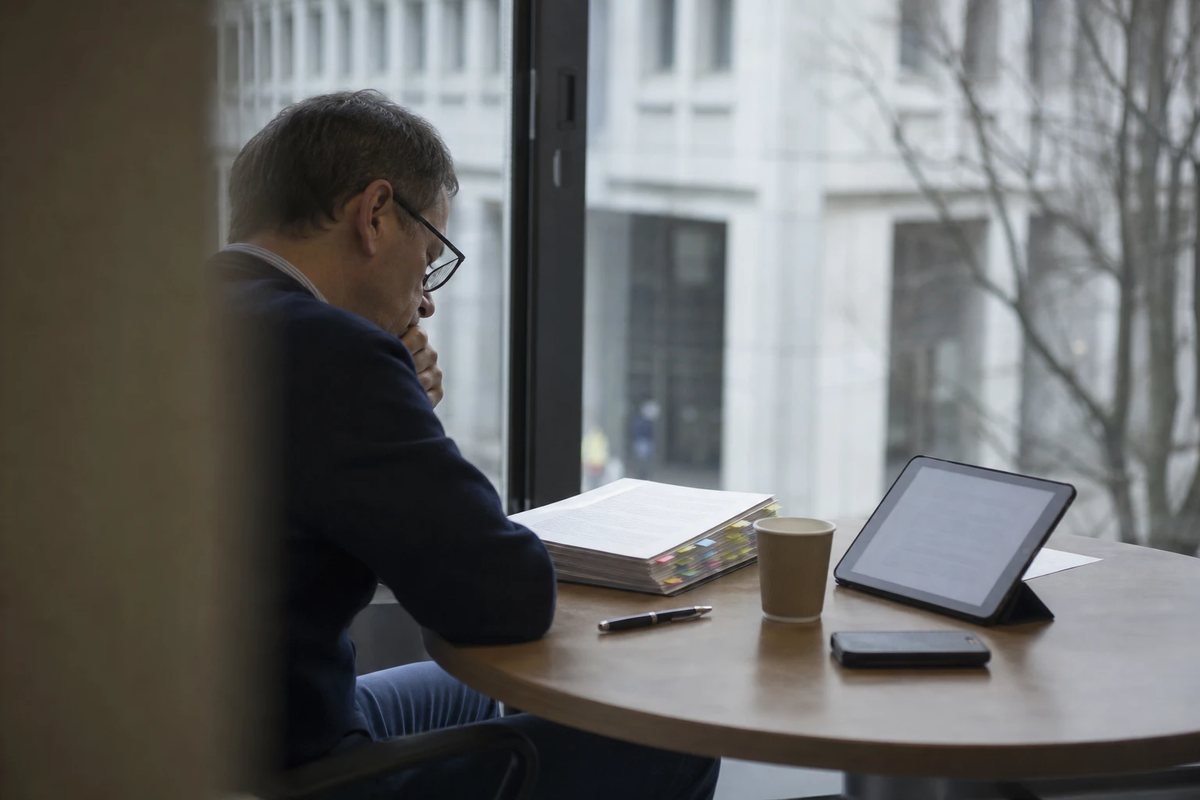 Compliance officer at a window table reading a printed regulation with sticky flags, tablet and coffee beside it