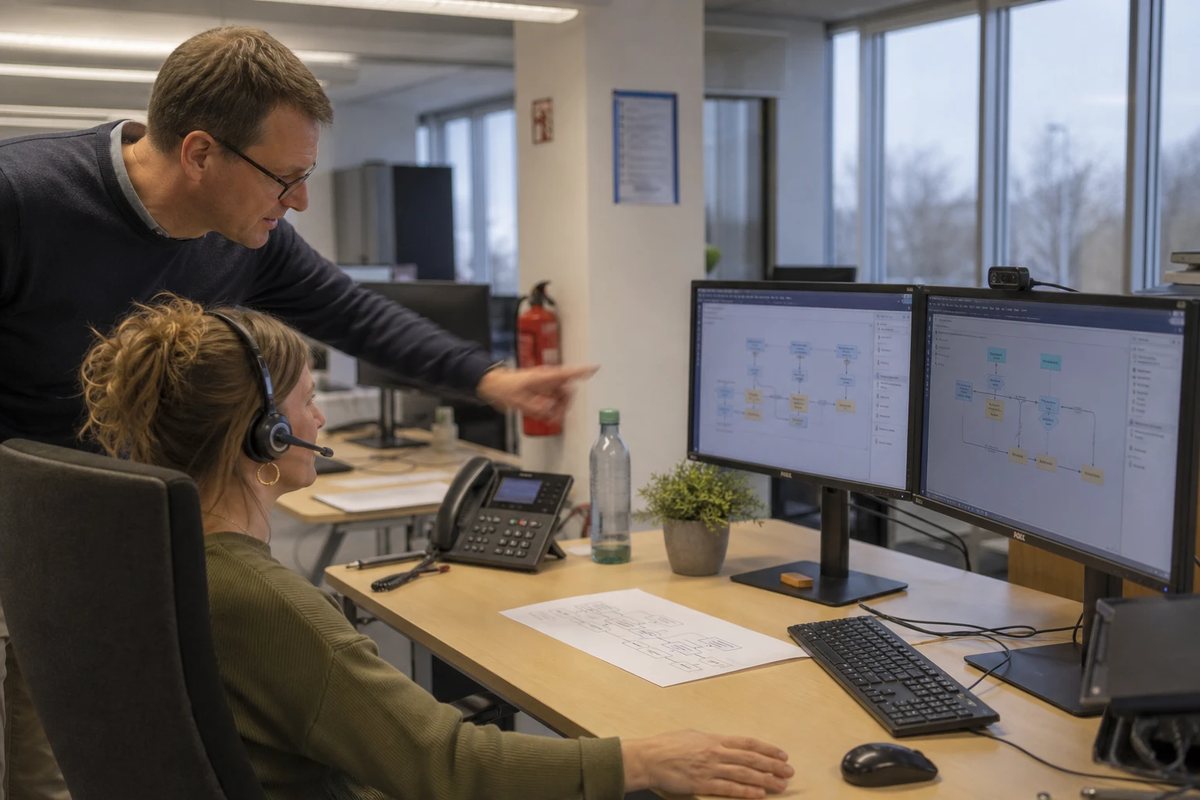 Two employees of a municipal utility at a market communication workstation: screens with process diagrams, a phone and a printed overview of roles