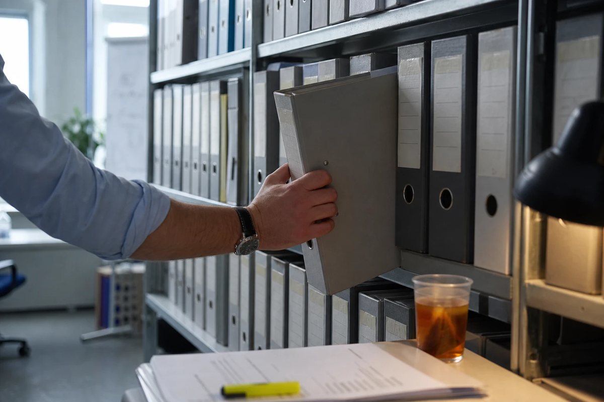 Shelf wall with regulation binders in the legal department of an energy provider, a hand pulls one binder out