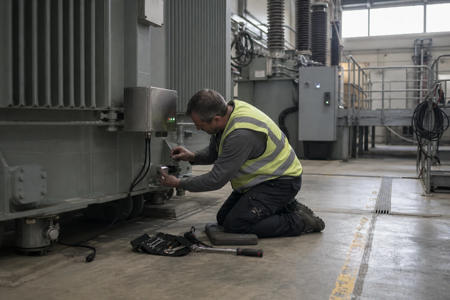 Technician in a hi-vis vest kneels at a large grey power transformer in a substation hall, attaching a stainless-steel sensor with a junction box to a valve fitting on the tank
