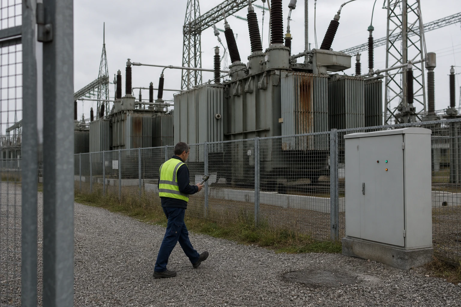 Substation yard with a row of grey power transformers behind a mesh security fence, a technician in a hi-vis vest walking the gravel path with a handheld meter, a grey control cabinet with status LEDs alongside
