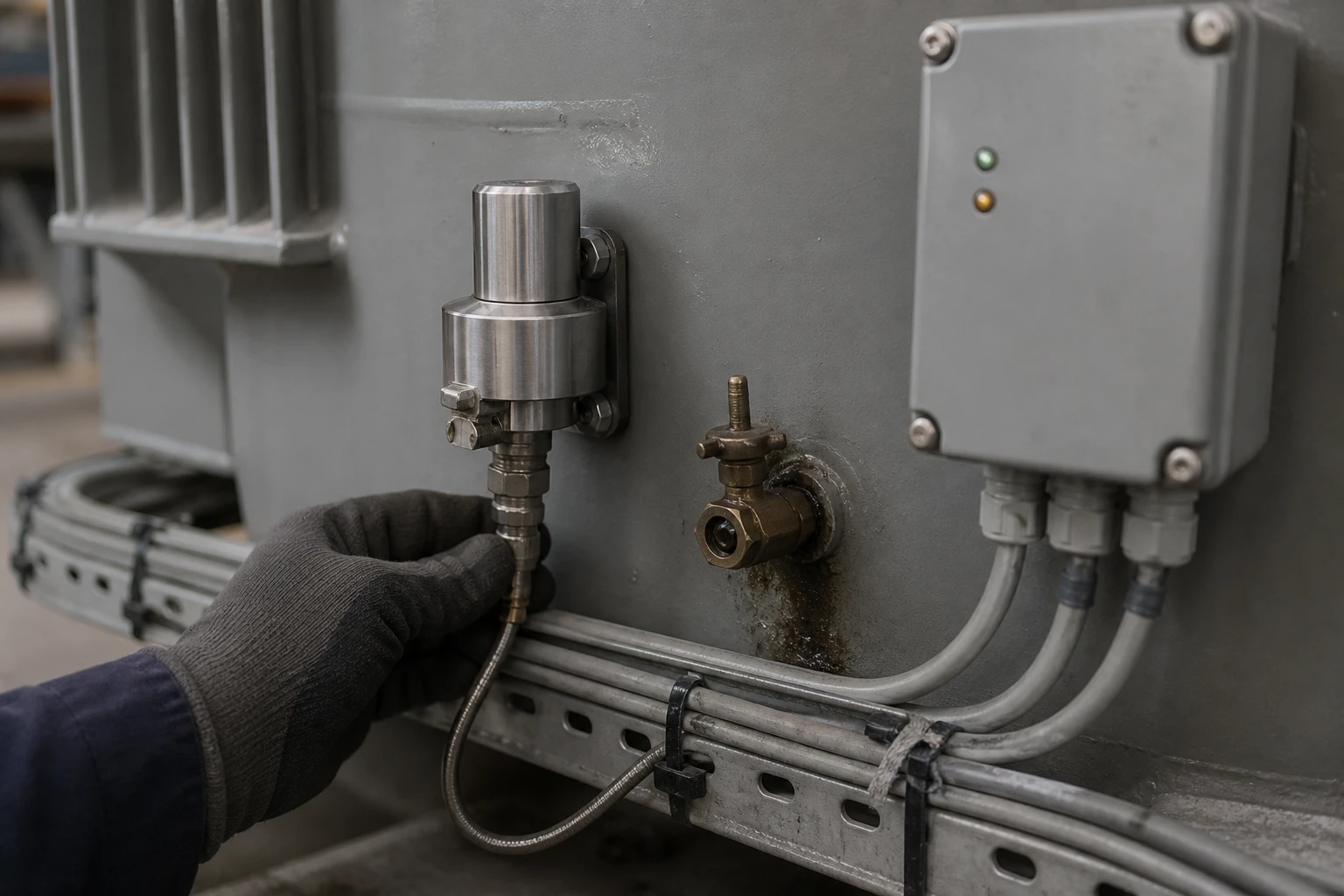 Close-up of a stainless-steel gas sensor and a grey junction box with green and amber status LEDs, mounted on the tank wall of a power transformer, a gloved technician hand holding the cable connector