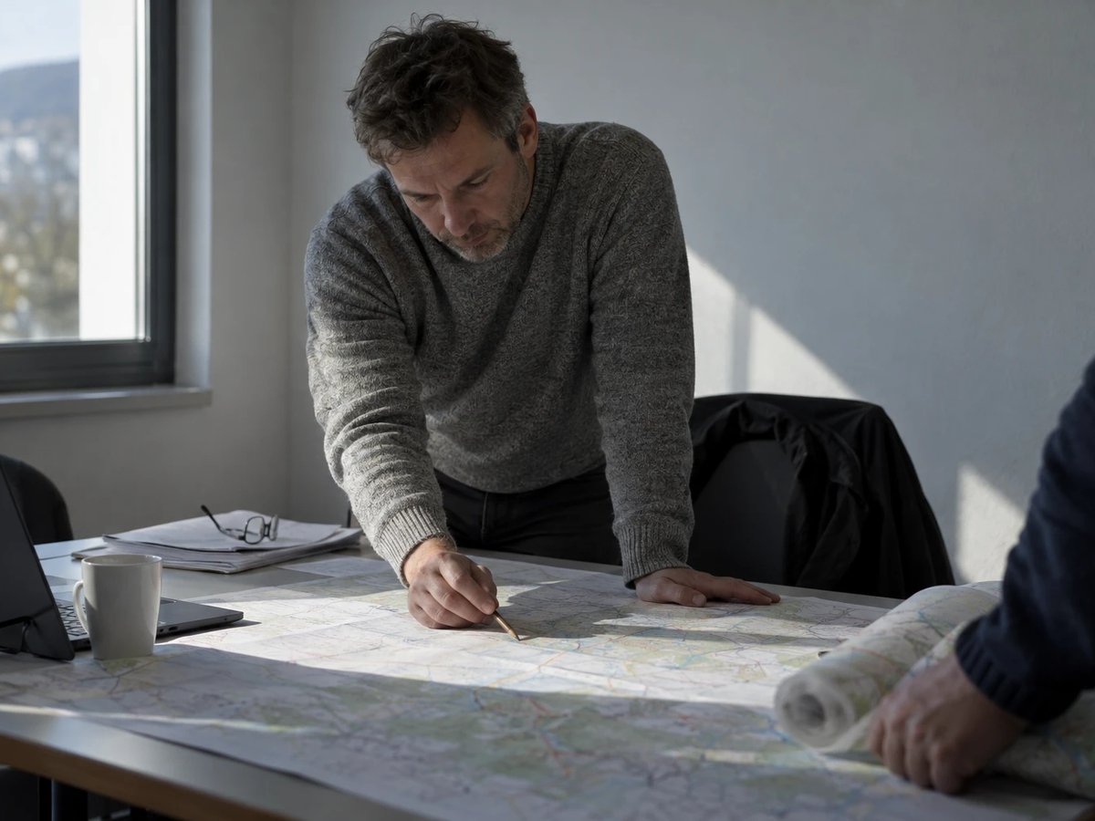 A DSO network planner leans over a printed grid map on a long table, tracing a line with a pencil