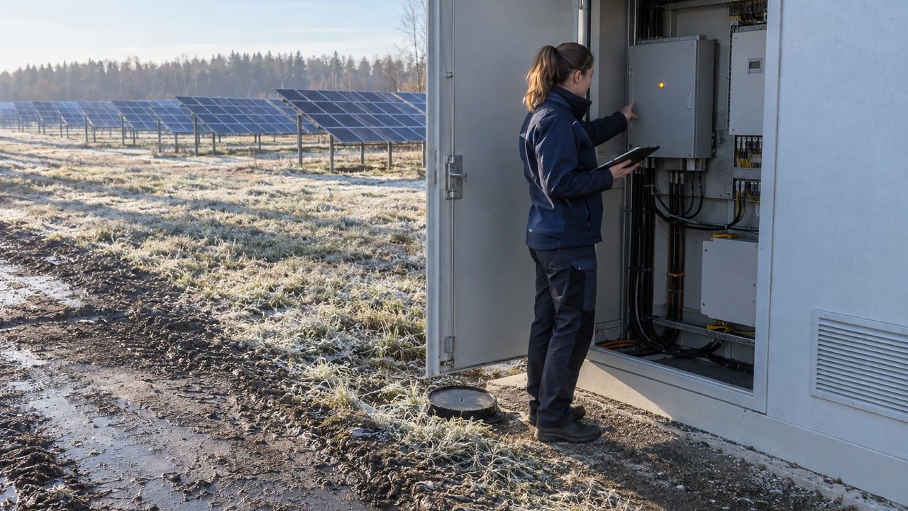 A DSO technician checks the telecontrol unit at the transfer station of a solar park in Brandenburg
