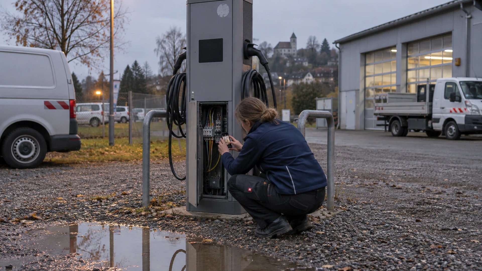 Utility technician photographs the open charging column on the gravel car park next to the depot
