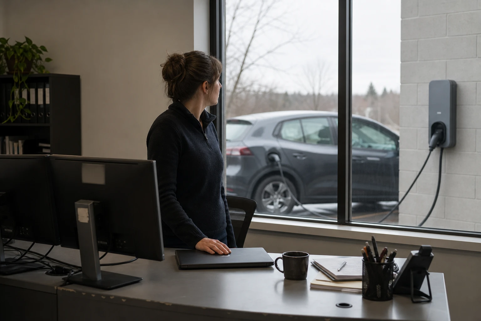 Energy dispatcher at a workstation, an electric car charging through a bidirectional wallbox visible through the window behind