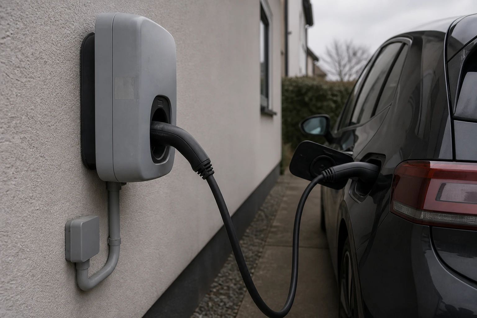 Grey bidirectional wallbox on a house wall, connected to a dark electric car by a charging cable