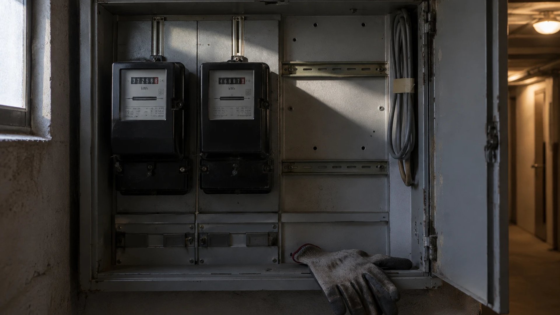 Open meter cabinet in the basement of an apartment block, two old meters on the left and an empty field with bare DIN rails beside them
