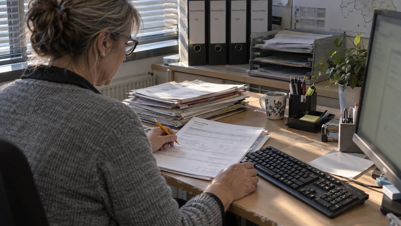 Case handler in the grid connection office of a German utility working through a stack of connection applications at her desk