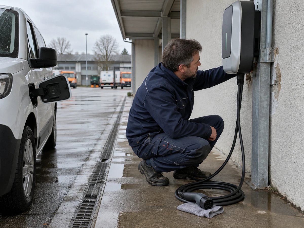 Grid technician at a utility depot checking the cable entry of a wallbox next to an electric van with its charge flap open