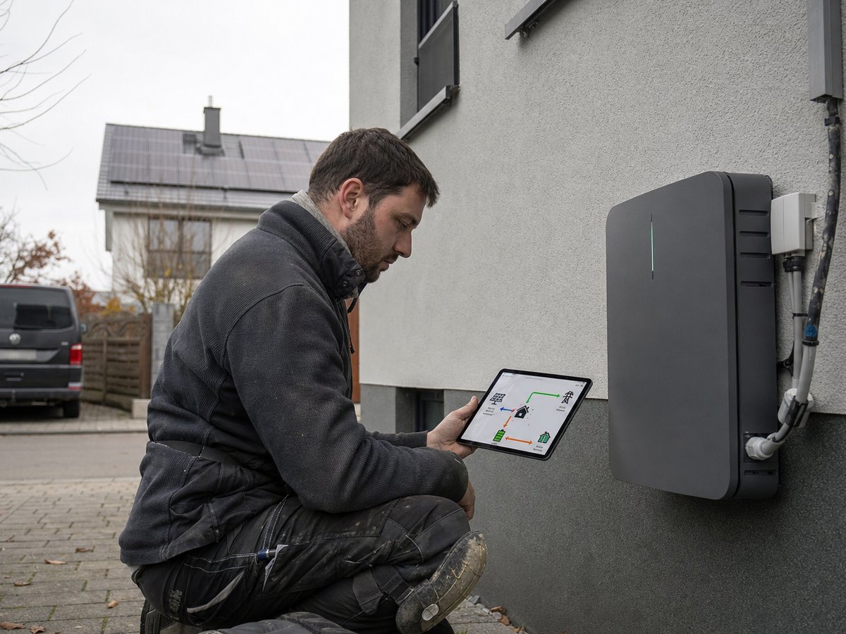 Solar installer kneeling beside wall-mounted home battery unit showing real-time energy flow diagram on tablet in German residential street