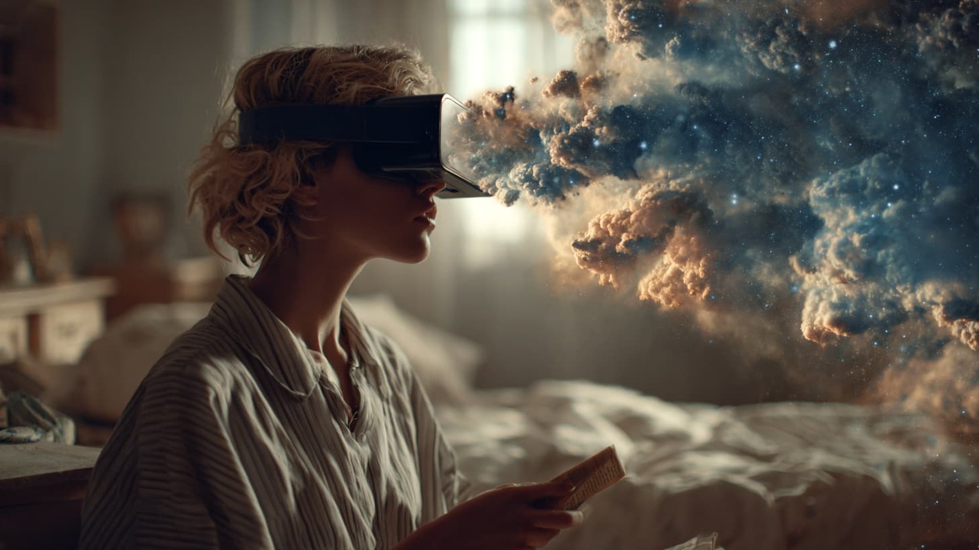 Creative AI visualization: Person with VR headset surrounded by cosmic clouds symbolizing the creative power of generative AI in advertising
