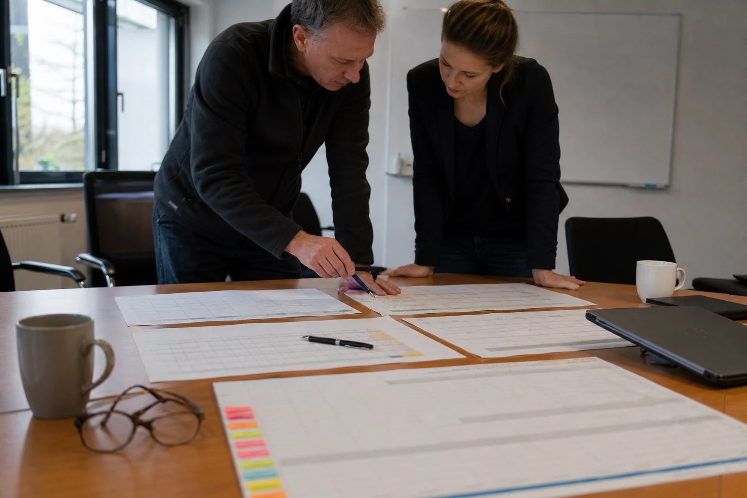 Workshop table at a municipal utility after the meeting: printed matrices and a year planner with sticky markers, two people leaning over the sheets