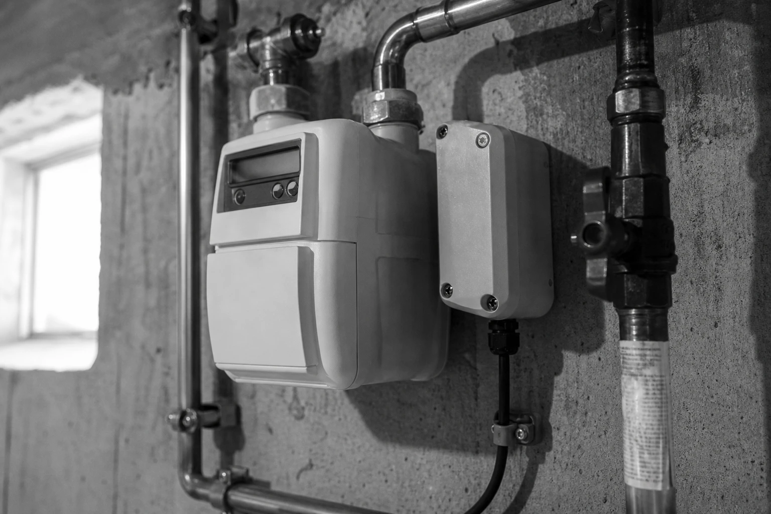 A modern digital gas meter with a communication module on a basement wall