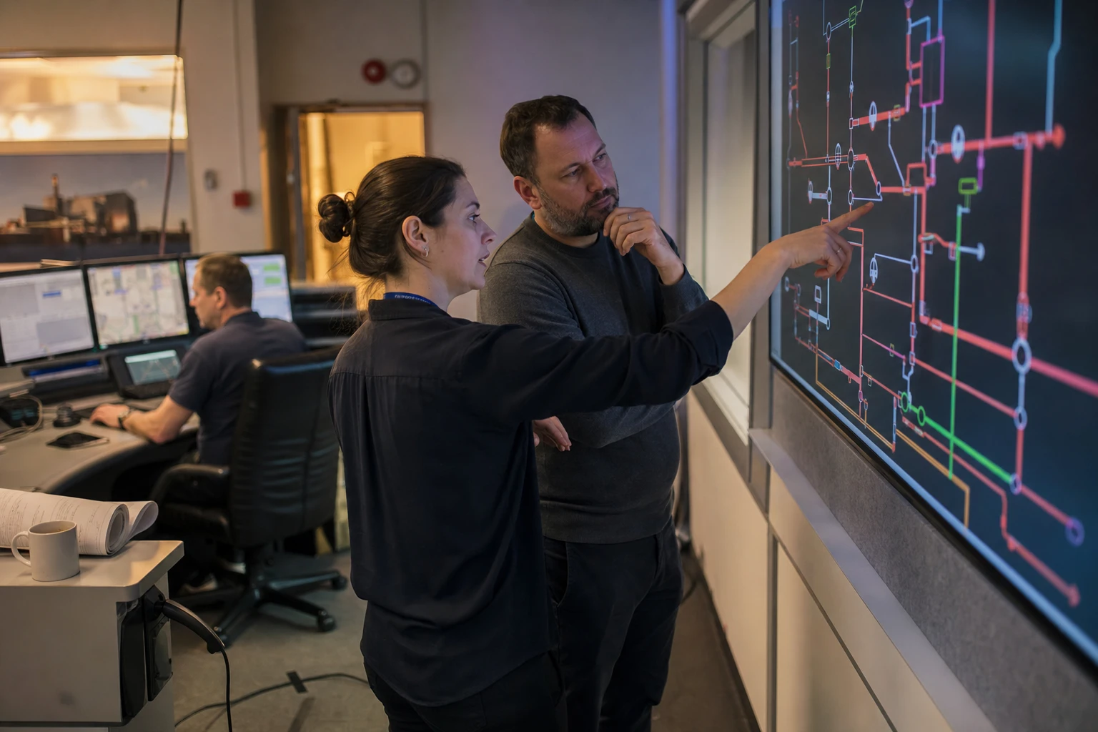 Two engineers in a heat-network operator's control room discussing a network schematic on a wall monitor