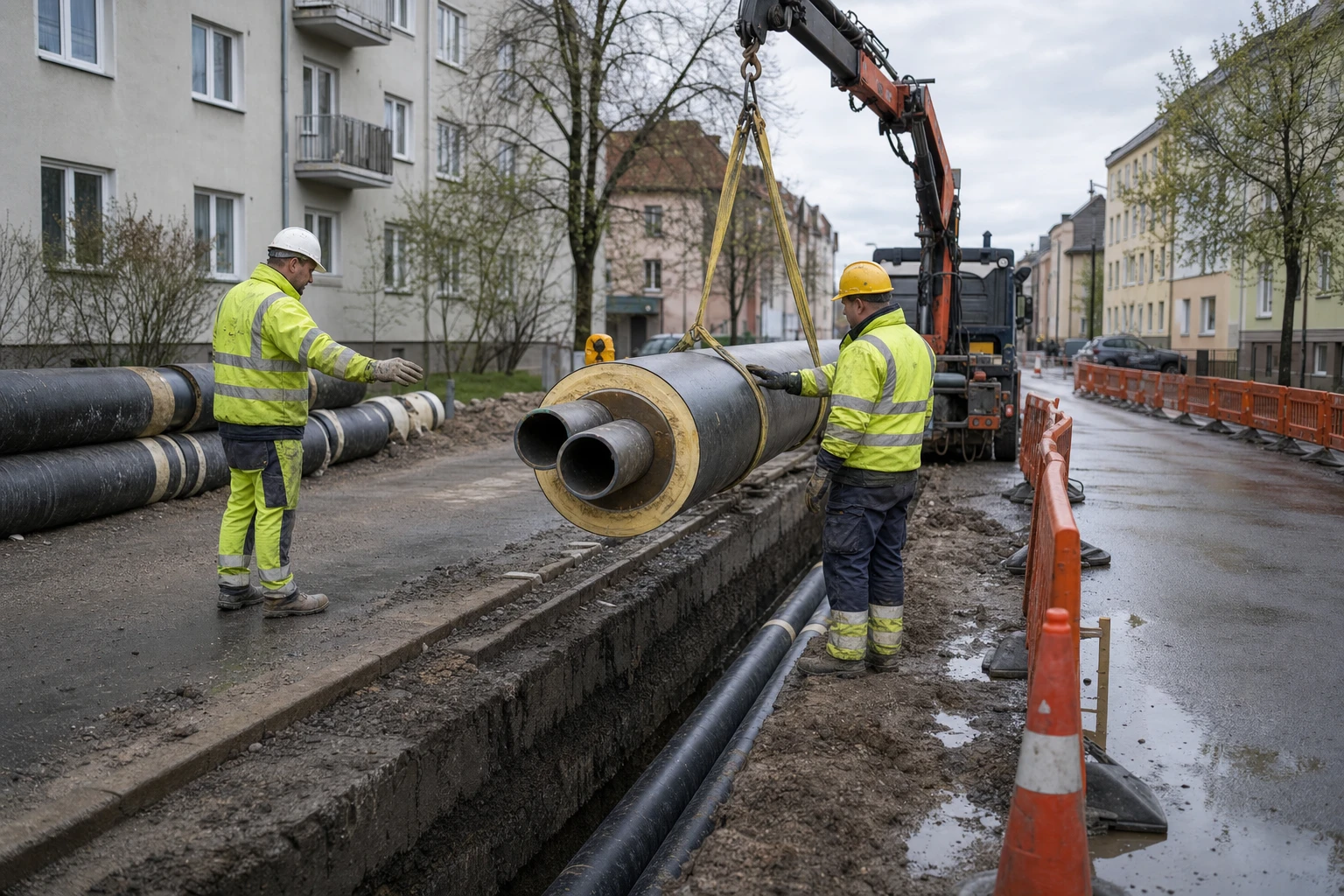 Construction of a district-heating pipeline in a residential street, pre-insulated pipes being lowered into the trench