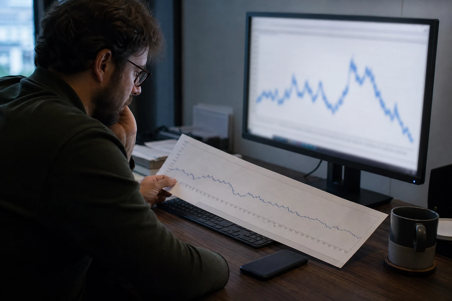 An energy data analyst at a desk studying a printed 15-minute load curve next to a monitor showing a jagged time-series chart