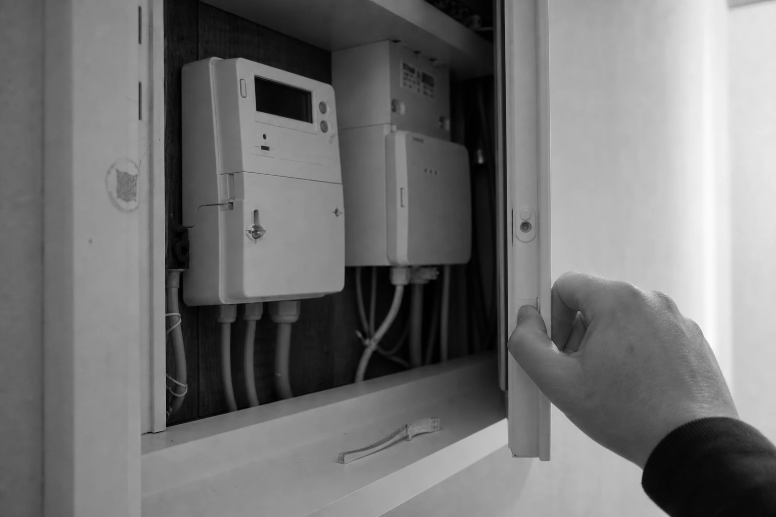 A modern electricity smart meter and smart meter gateway in a meter cabinet