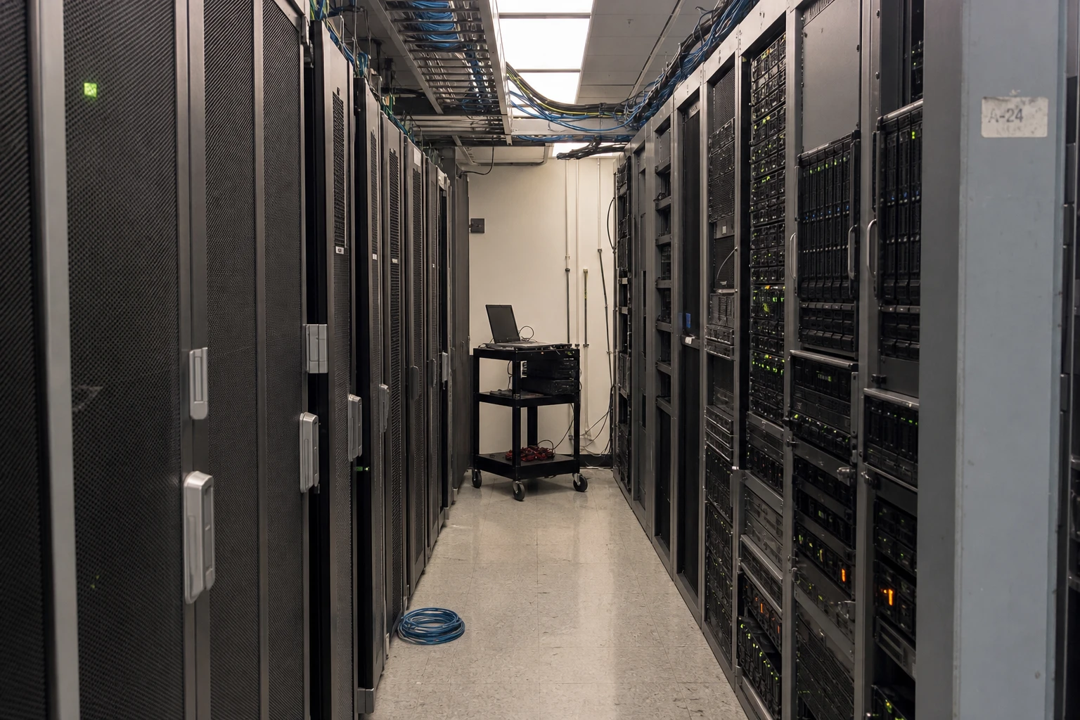 A narrow aisle between server racks in a data room